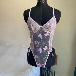 Sheer Embroidered Mesh lilac and purple butterfly Bodysuit lingerie – size XS-S